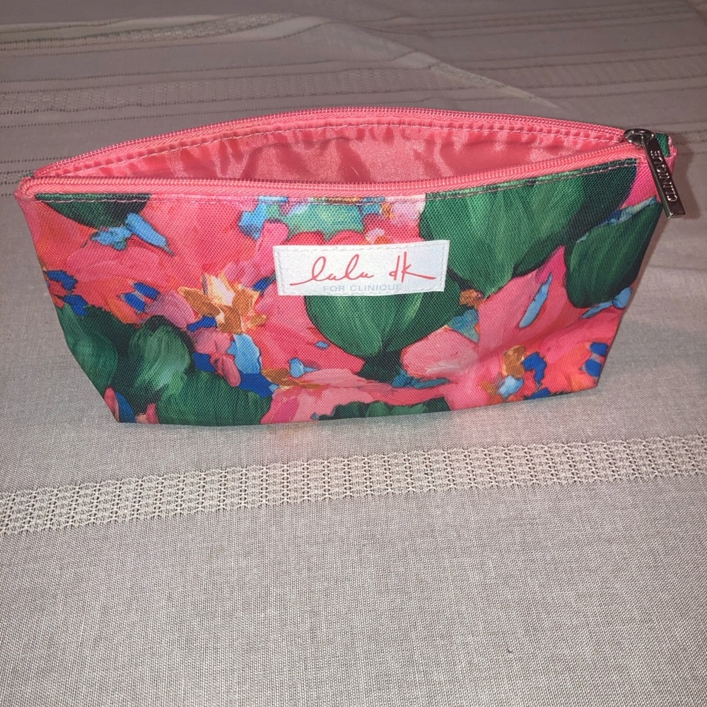 Lulu dk Clinique makeup bag tropical floral pink & green 9x5.5x2.5 in